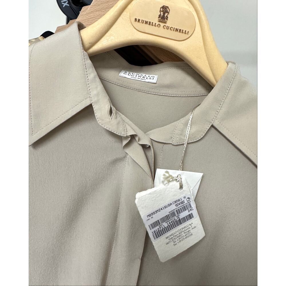 BRUNELLO CUCINELLI Beige Silk Button Up Collared Blouse M NEW Hidden Placket LS - Picture 3 of 8
